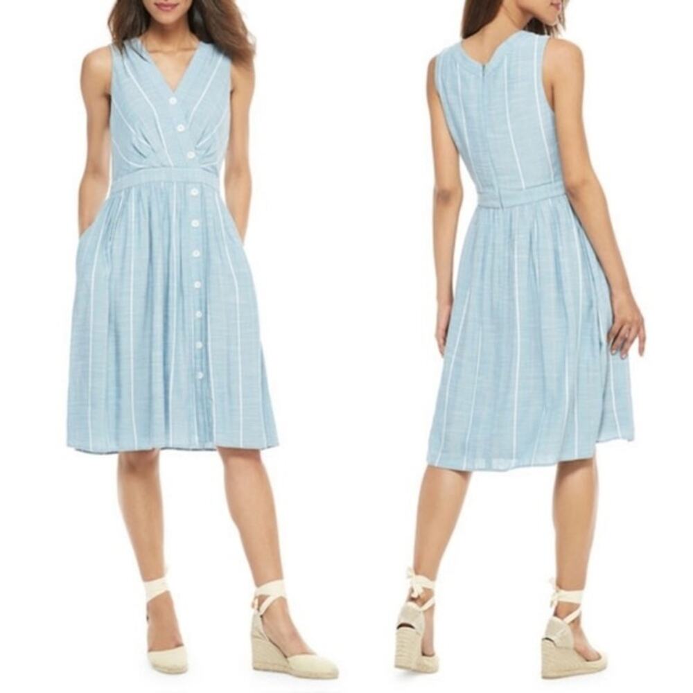 Gal Meets Women's Glam Jill Stripe Button Up V-Neck Dress in Blue Size 6‎